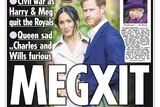 a picture of meghan markle, prince harry and the queen on the front page of the sun