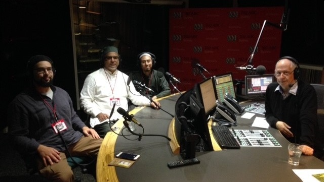 Picture of Imam Afroz Ali With John Cleary and two students in the 702 studio