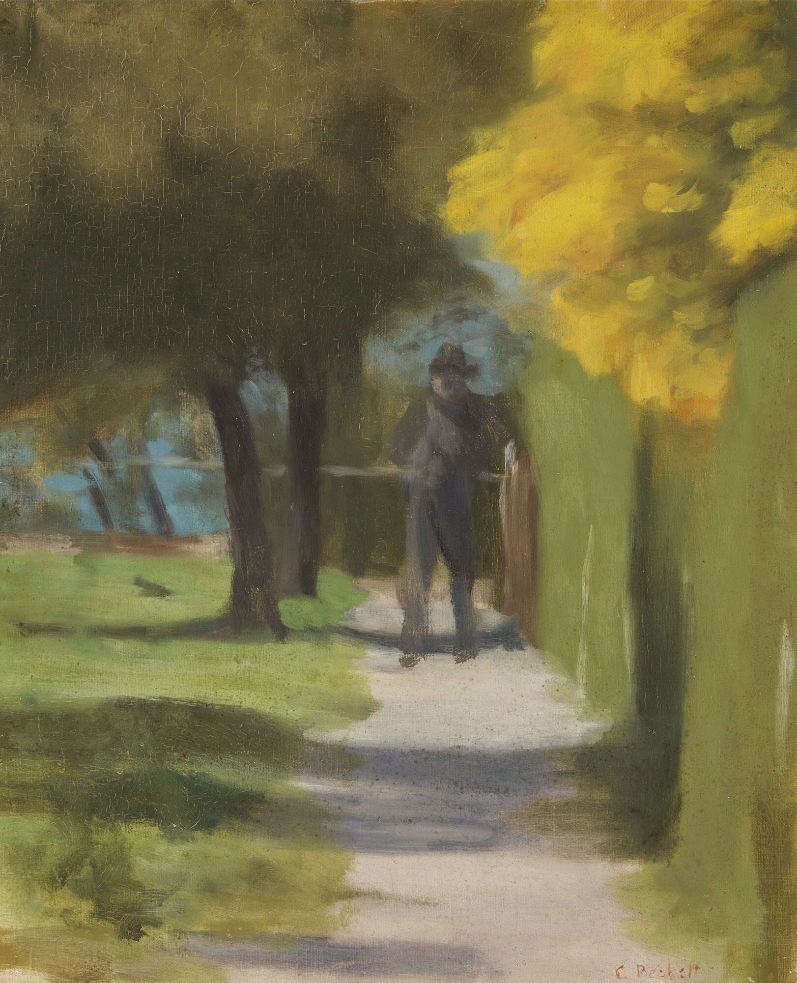 A painting by Clarice Beckett, blurry realism, with a man in the distance in a suburban street