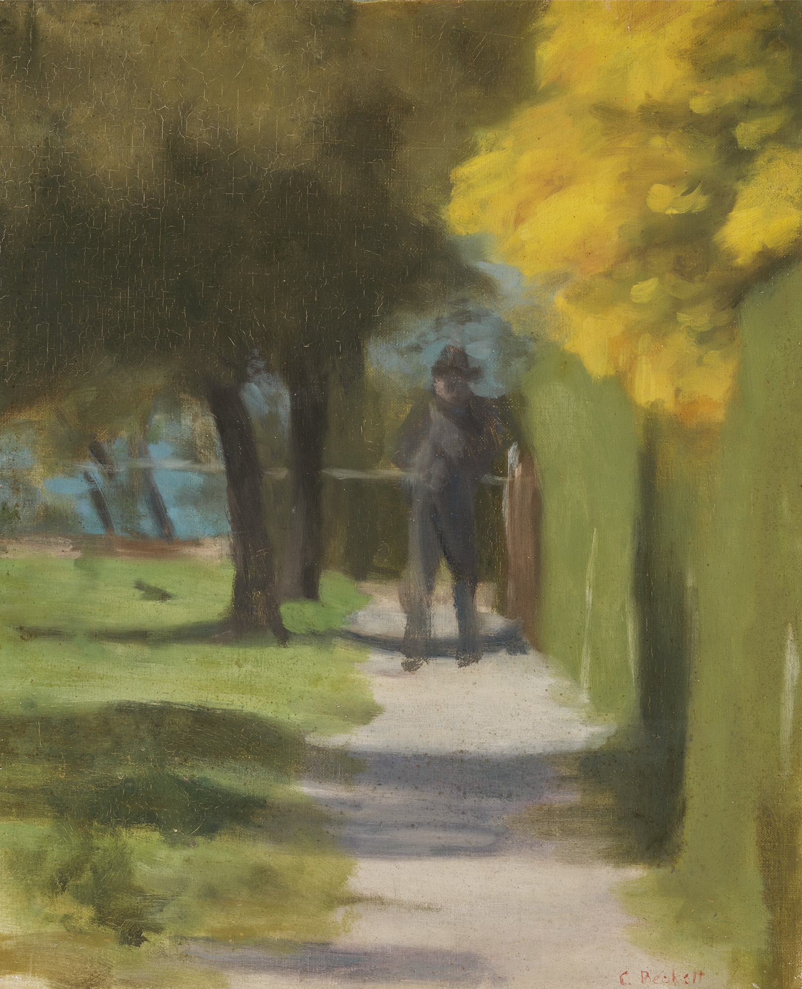 A painting by Clarice Beckett, blurry realism, with a man in the distance in a suburban street