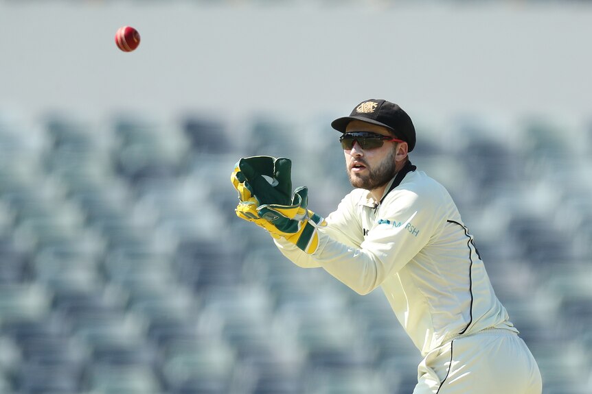 West Australian wicketkeeper Josh Inglies, wearing a cap and sunglasses, prepares to catch a cricket ball with gloved hands.