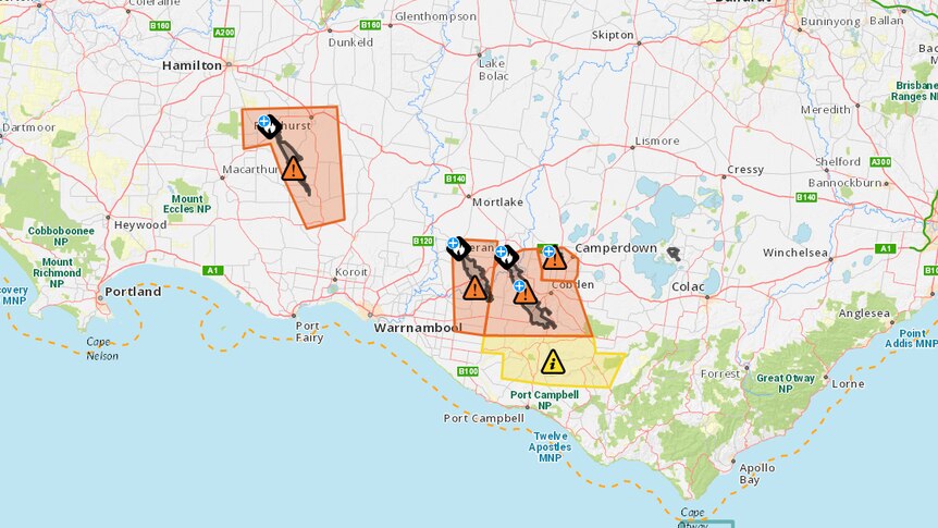 Maps shows extent of fires in Hawkesdale, Gavoc, Terang and Camperdown in Victoria.