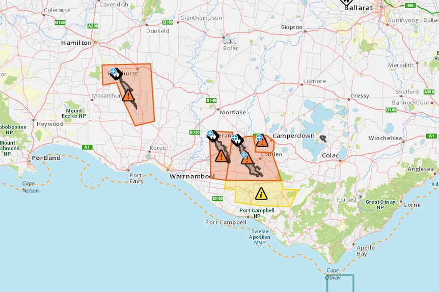 Maps shows extent of fires in Hawkesdale, Gavoc, Terang and Camperdown in Victoria.