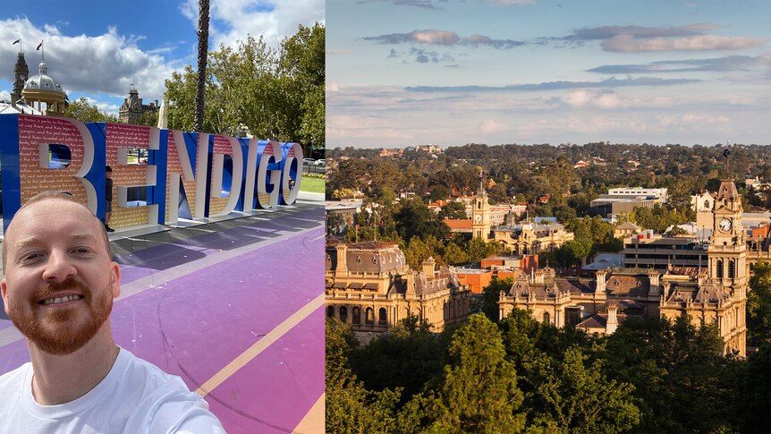 A selfie of Dave Marchese against a background of a large sign that reads 'Viva Bendigo', with another image of Bendigo town