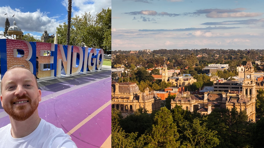 A selfie of Dave Marchese against a background of a large sign that reads 'Viva Bendigo', with another image of Bendigo town