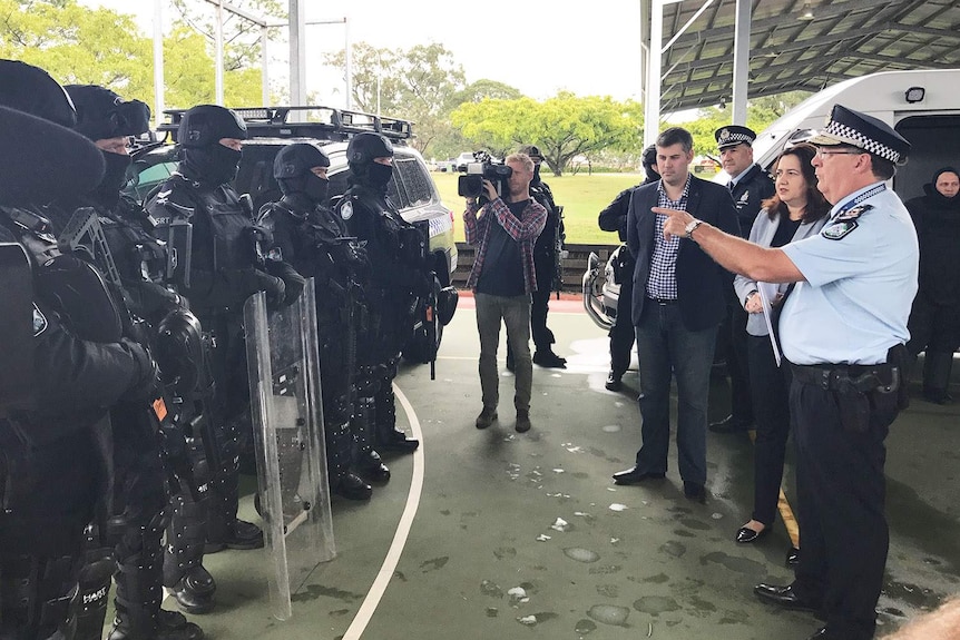 Queensland Police Commissioner Ian Stewart, Premier Annastacia Palaszczuk and SERT officers at Wacol in Brisbane