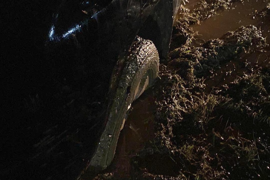 The back of a car in mud.