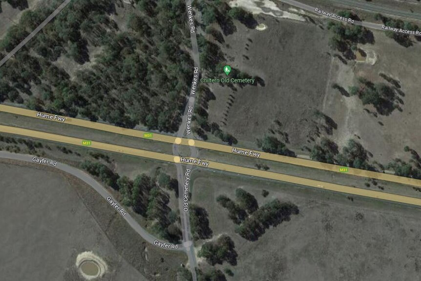 A satellite image showing a side road intersecting with a major road in country Victoria.