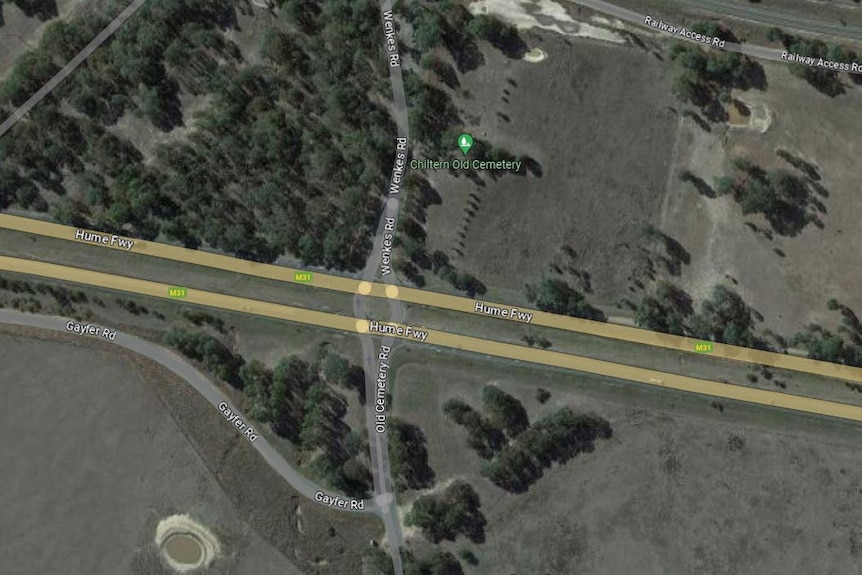 A satellite image showing a side road intersecting with a major road in country Victoria.