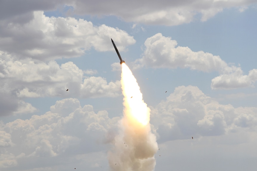 A Russian S-300 air defence system launches a missile during military exercises.