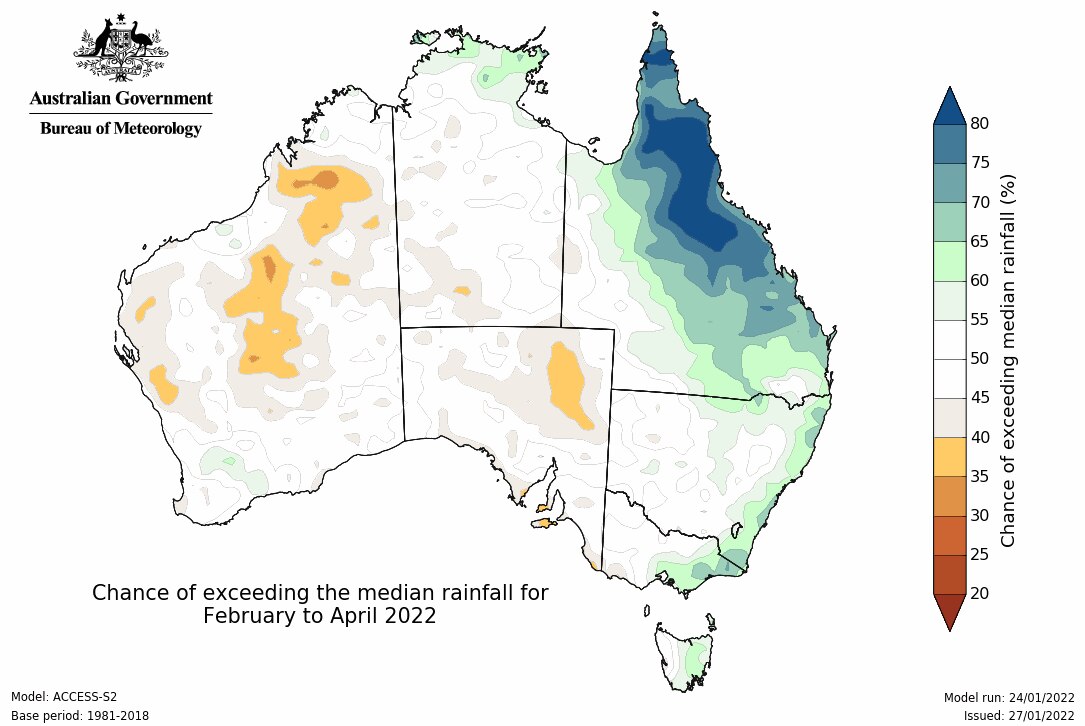 Map of Australia green over Queensland but relatively white elsewhere 