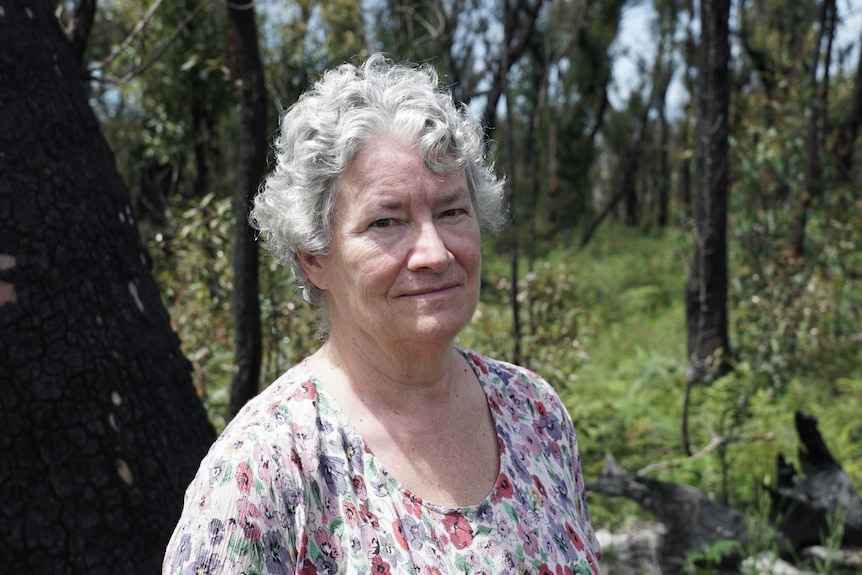 Dr Tricia Hiley looks at the camera, while standing in bushland.