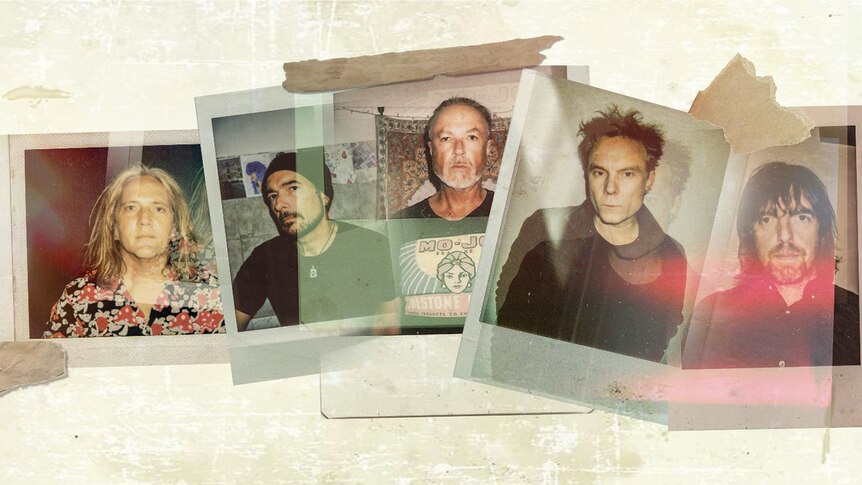 A collage on five polaroid photos, each featuring a different member of The Church
