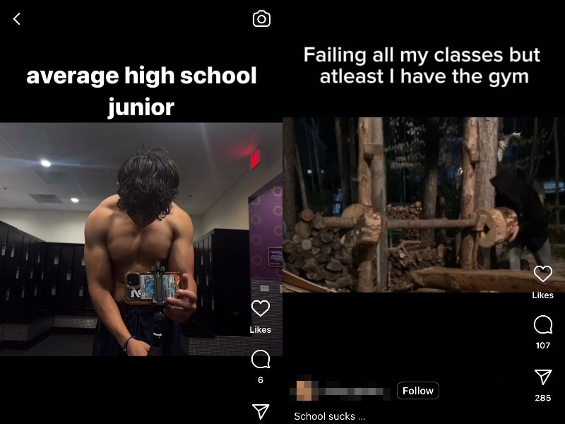 Two screenshots of instagram posts featuring content by young men about going to the gym