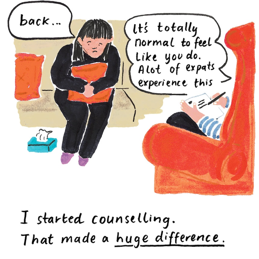 Illustration of Grace sitting counsellor's office: I started counselling. That made a huge difference.