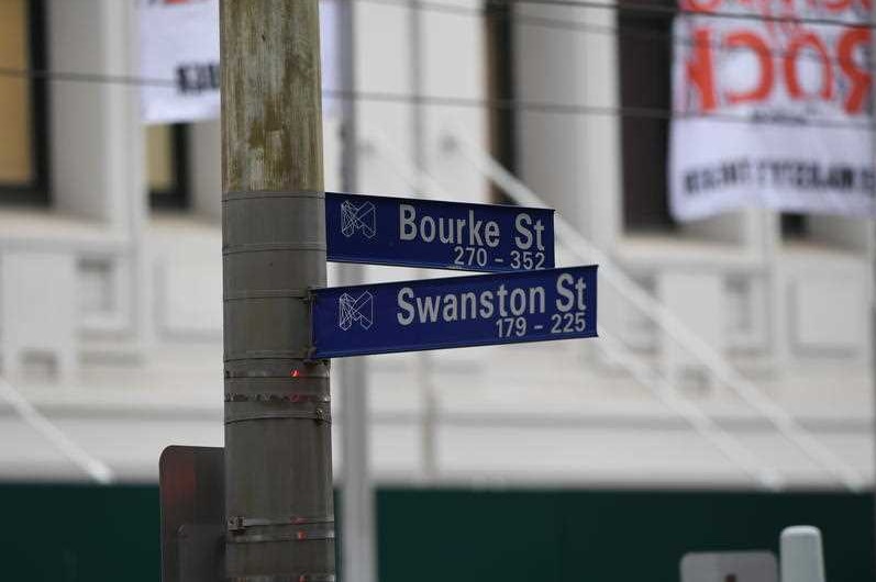 Close up shot of a lamp post with blue and white signs for Bourke and Swanston streets on it