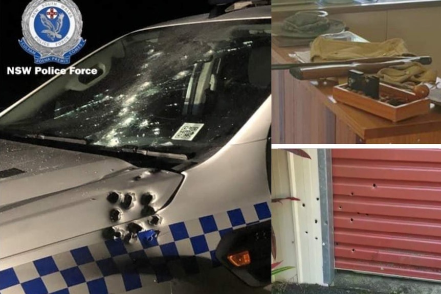 Police car with bullet holes, a rifle and a garage door with bullet holes