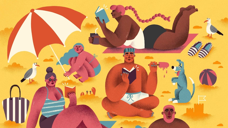 Colour illustration of various characters reading at the beach.