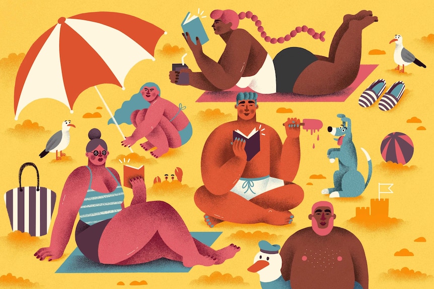 Colour illustration of various characters reading at the beach.