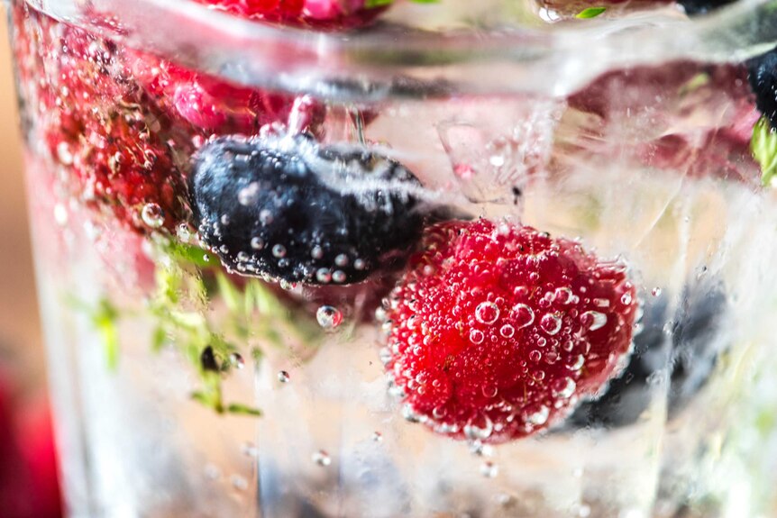A fizzy clear drink in a glass with berries in it
