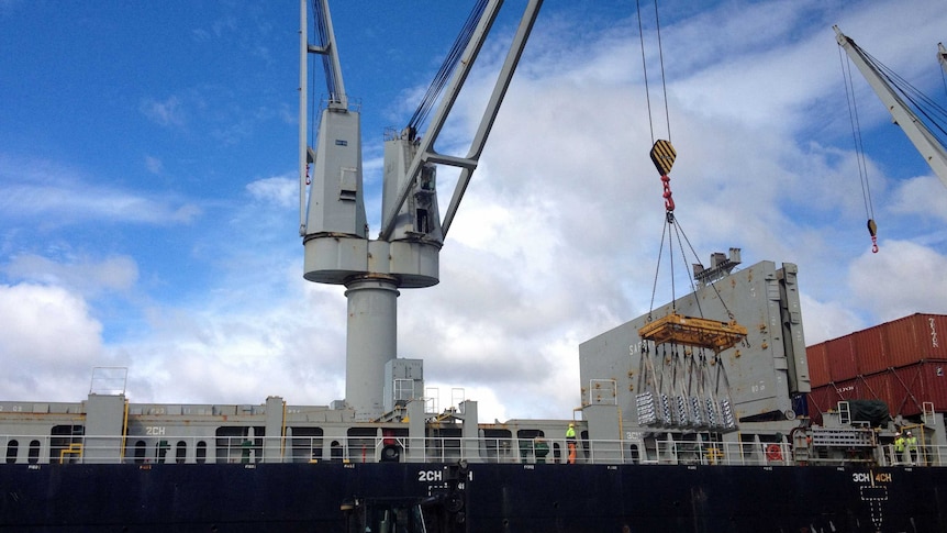 A ship loads cargo at the Bell Bay wharf in northern Tasmania