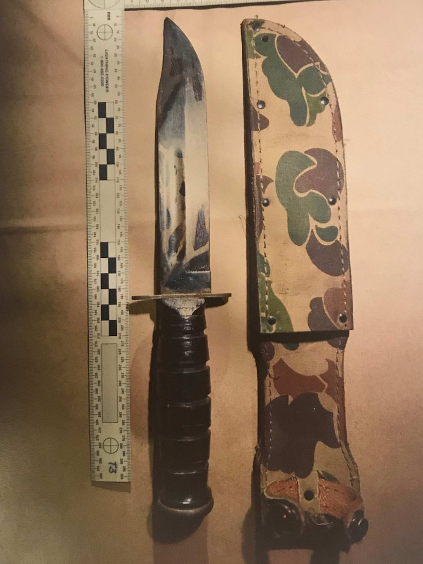 A hunting knife placed on a table next to a knife case