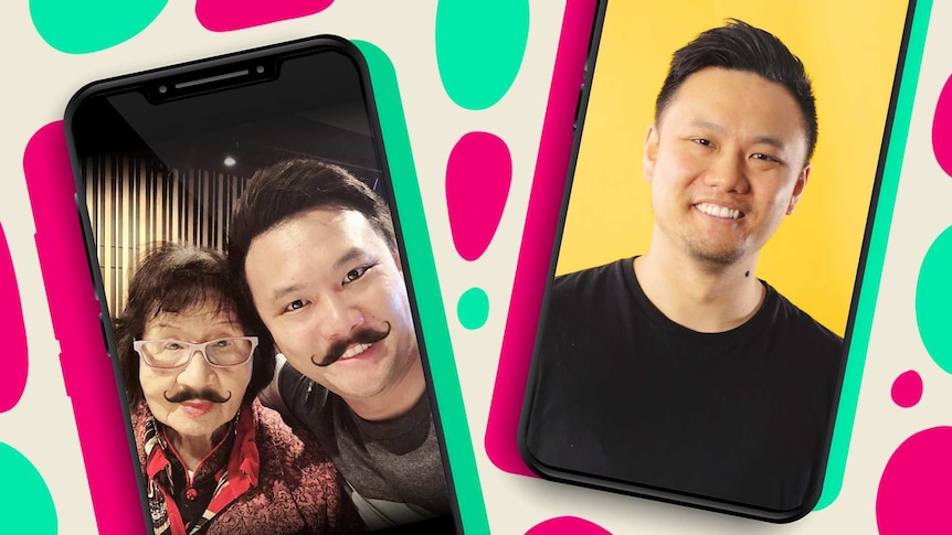 An illustration shows Thomas Cheung and his grandma, for a story about the reality of careers on TikTok.