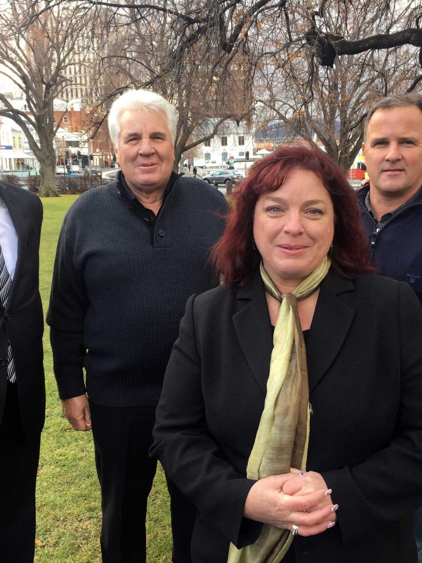 Peter Skillern, Greg McCulloch, Tony O’Connell and Dixie Emmerton on Parliament House lawns in Hobart