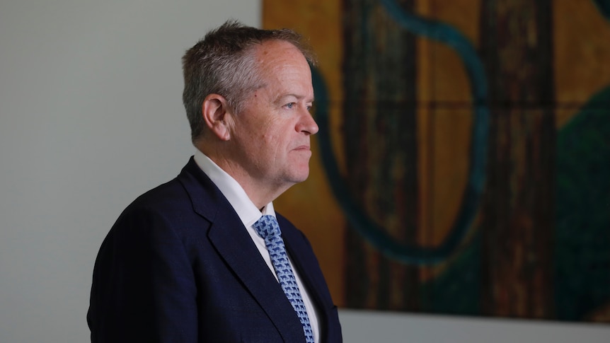 Shorten looks serious, standing in profile, a painting just visible behind him.