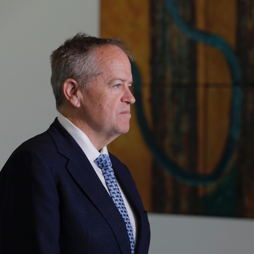 Shorten looks serious, standing in profile, a painting just visible behind him.