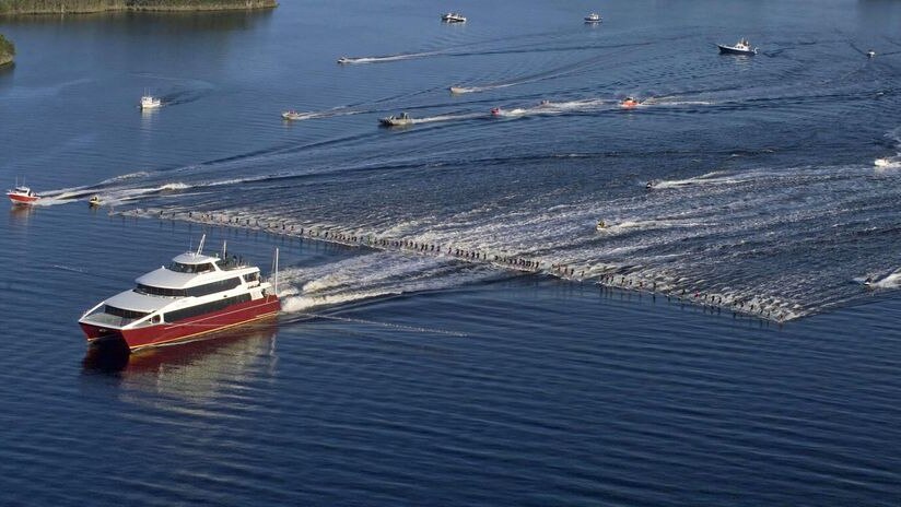 Water skiers try to set a world record on Tasmania's west coast.