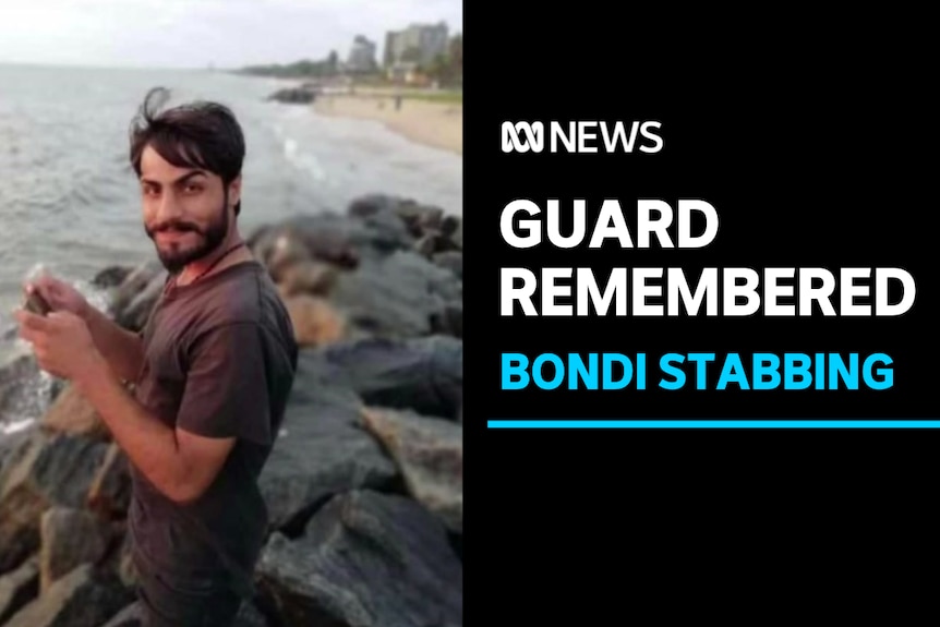 Guard Remembered, Bondi Stabbing: A man stands on rocks at the beach.