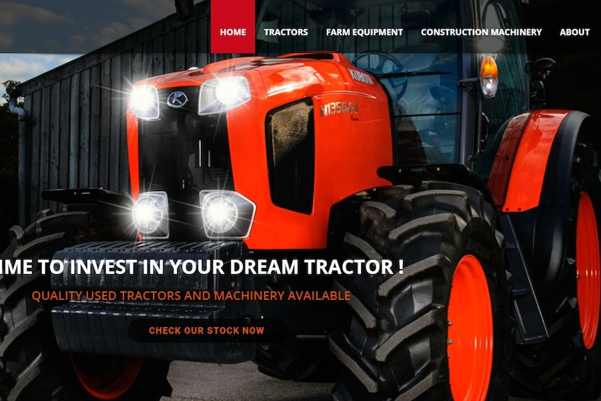 A legitimate looking website selling farm machinery which is actually a scam.