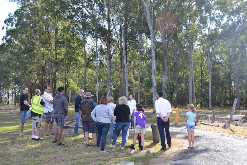 People stand on grass underneath gum trees listening as a woman talks.