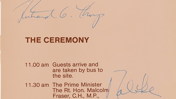 Signed program for concrete pour ceremony marking the start of construction of Parliament House, November 1981.