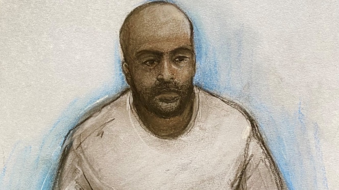 A courtroom sketch of a young and bald African man in white T-shirt