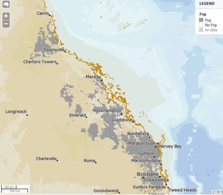 Map of Queensland showing locations where fog is present