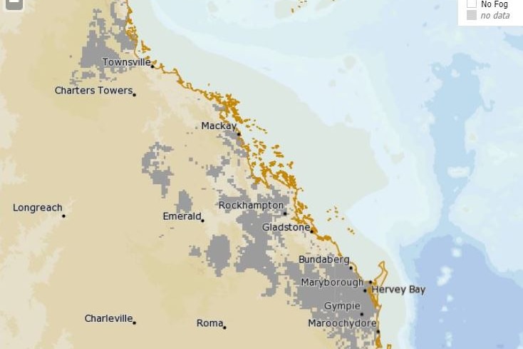 Map of Queensland showing locations where fog is present