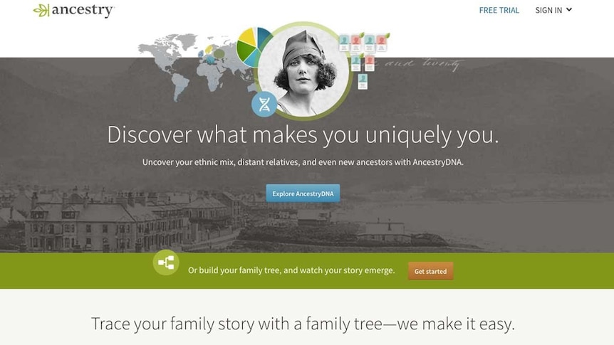 Homepage of subscription-based genealogy website Ancestry.com.