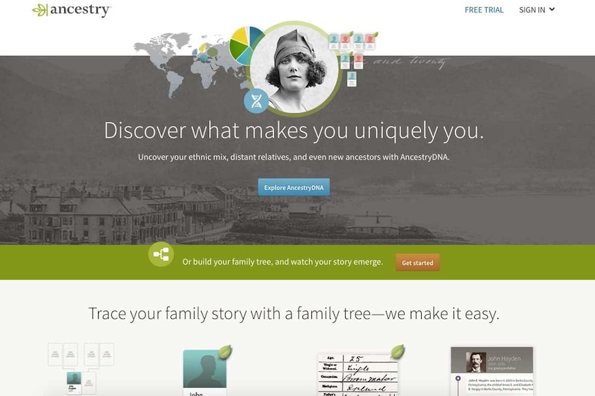 Homepage of subscription-based genealogy website Ancestry.com.