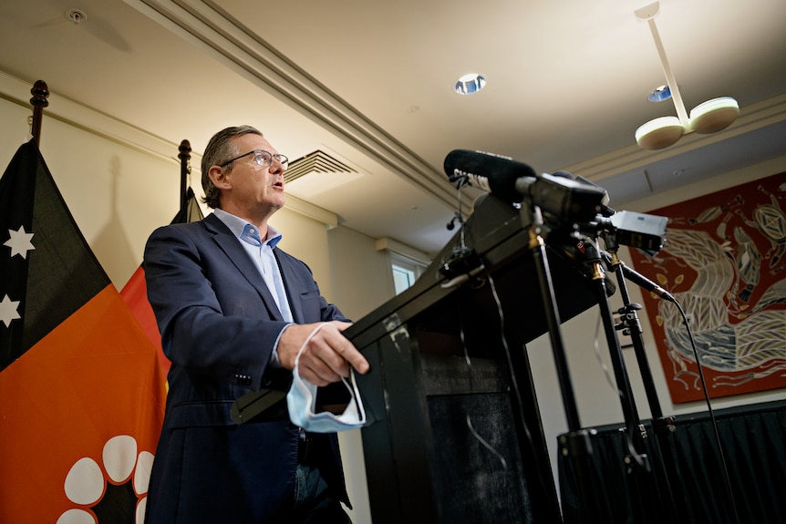 NT Chief Minister Michael Gunner speaking at a press conference at Parliament House.