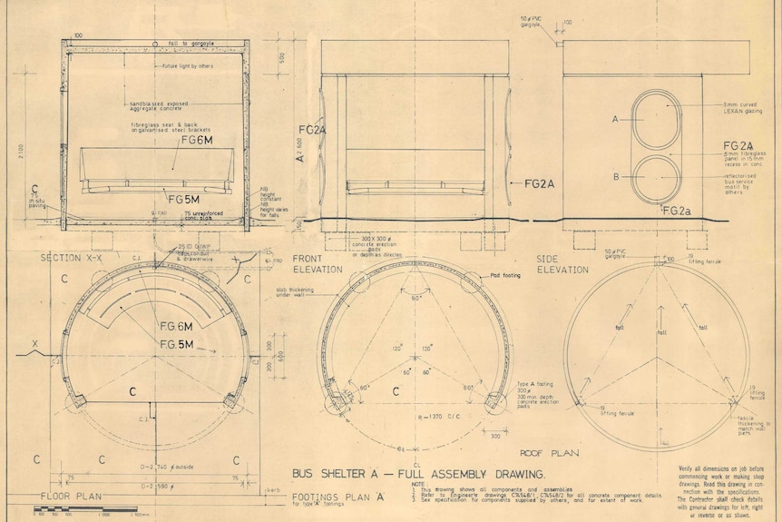 An original plan for the bus shelter, drawn up by architect Clem Cummings.