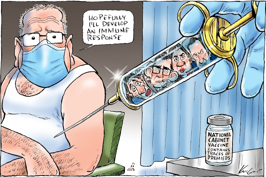 A cartoon of the Australian prime minister Scott Morrison and a needle with the state premiers in it.