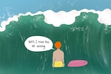 An illustration of a bodyboarder facing a dumping wave.