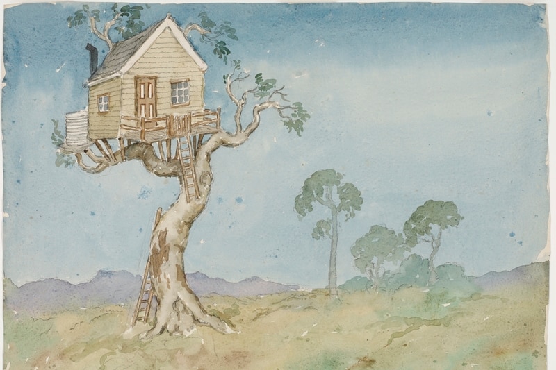 A water colour drawing of an Australian landscape with a house perched on a tall tree