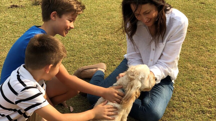 A woman and two boys pat a white fluffy dog