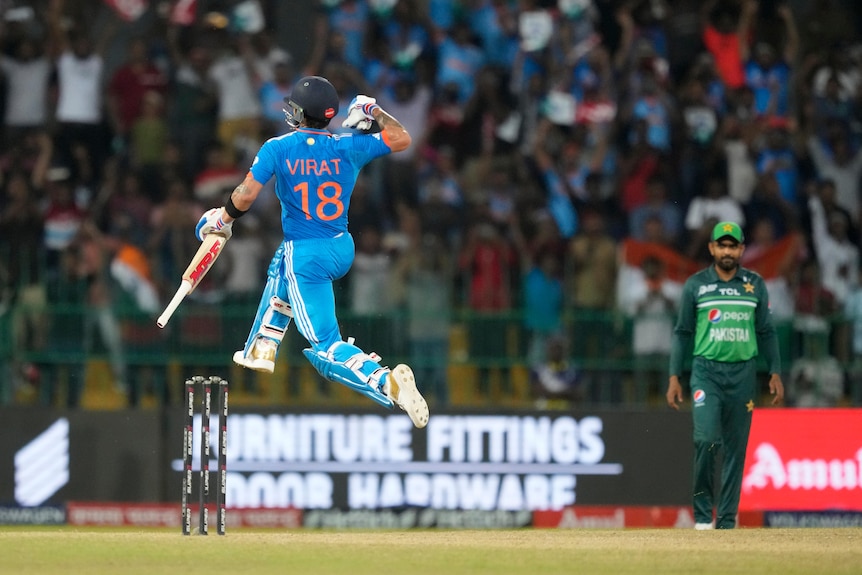 Virat Kohli leaps in the air