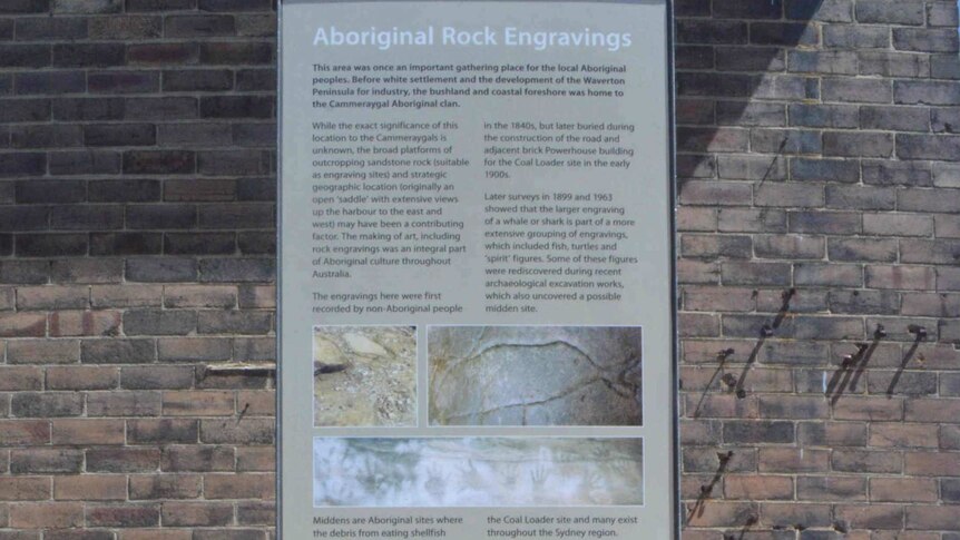 North Sydney Council sign with explanation of Aboriginal rock engravings at Balls Head.