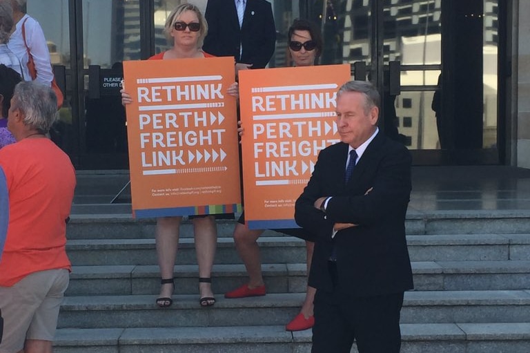 Colin Barnett on the steps of Parliament House during an anti-Roe 8 protest.
