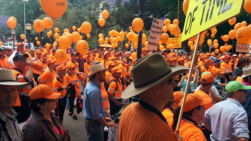 Mine workers outside State Parliament